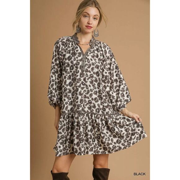 UMGEE Women's Leopard Print Tiered Mini Dress Long Sleeve Ruffle Hem Boho Chic - Picture 1 of 5